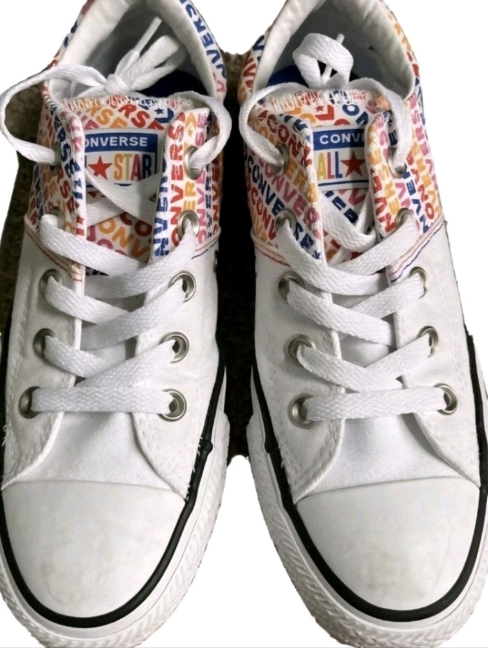 Converse All Star White Low Top Sneakers Multi Logo Tongue Women’s Sz 9